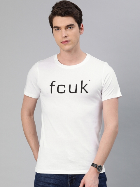 

French Connection Men White Slim Fit Printed Round Neck T-shirt