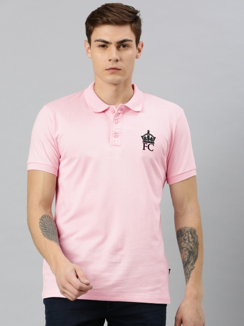 

French Connection Men Pink Slim Fit Solid Polo Collar T-shirt with Embroidery