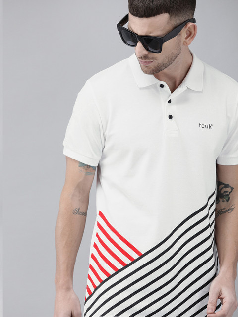 

French Connection Men White & Black Striped Polo Collar T-shirt
