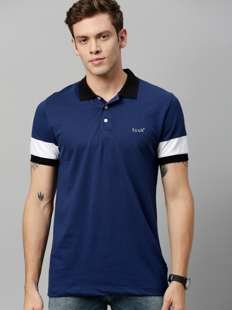 

French Connection Men Navy Blue Slim Fit Solid Polo Collar Cotton T-shirt