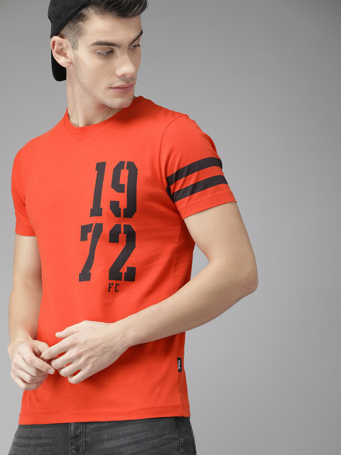 

French Connection Men Orange Printed Slim Fit Round Neck T-shirt