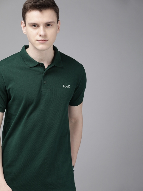

French Connection Men Teal Green Slim Fit Solid Polo Collar T-shirt