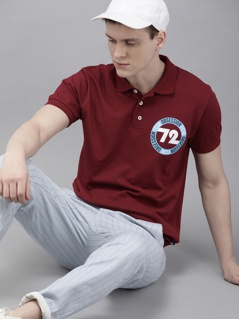 

French Connection Men Maroon Slim Fit Solid Polo Collar T-shirt With Printed Detailing