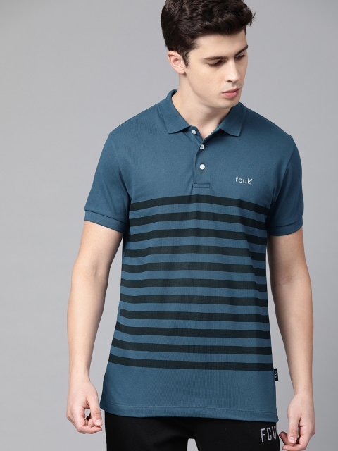 

French Connection Men Blue & Black Slim Fit Striped Polo Collar T-shirt