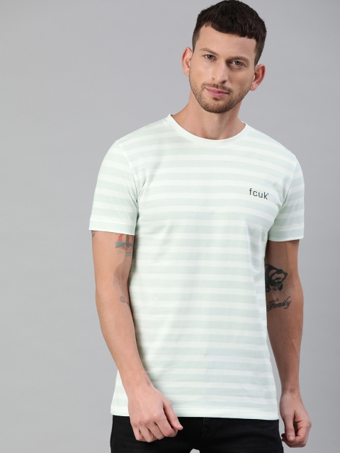 

French Connection Men Green & White Slim Fit Striped Round Neck T-shirt