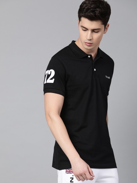 

French Connection Men Black Solid Polo Collar T-shirt with Applique Detail