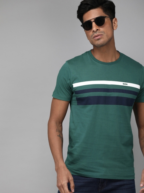 

French Connection Men Teal Green & Navy Blue Striped Round Neck T-shirt