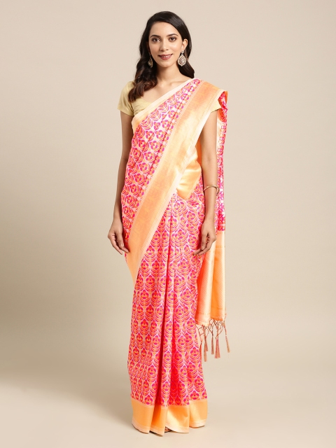 

Mitera Orange & Pink Silk Blend Woven Design Banarasi Saree