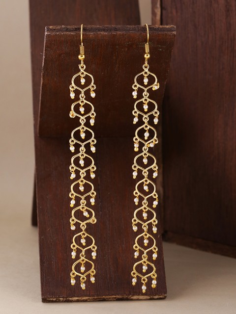 

Voylla Brass-Plated Gold-Toned Contemporary Jaali Pearl Circles Drop Earrings