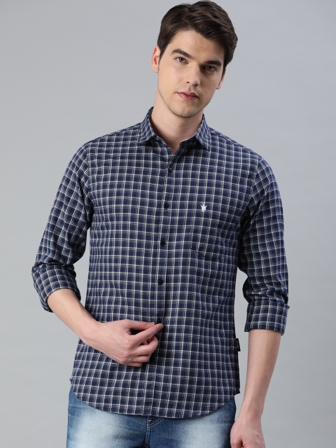 

French Connection Men Navy Blue & White Slim Fit Checked Casual Shirt