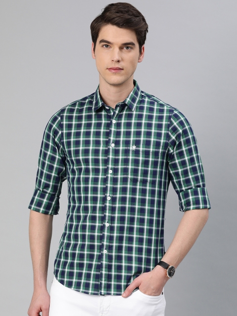

French Connection Men Teal Green & Navy Blue Slim Fit Checked Casual Shirt