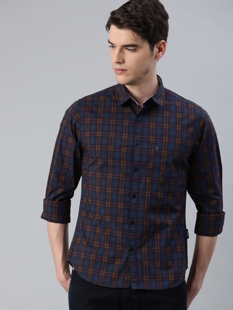 

French Connection Men Navy Blue & Brown Slim Fit Checked Casual Shirt