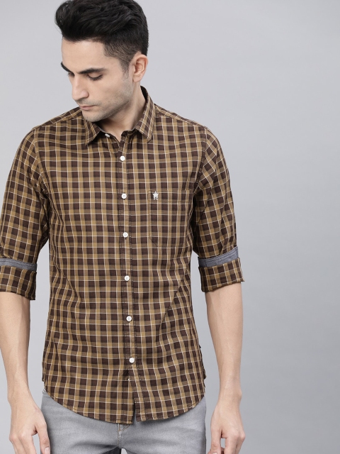 

French Connection Men Khaki & Coffee Brown Slim Fit Checked Casual Shirt