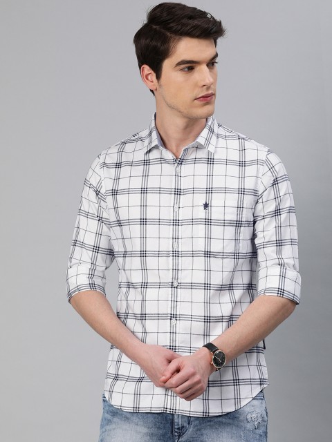 

French Connection Men White & Navy Blue Slim Fit Checked Casual Shirt
