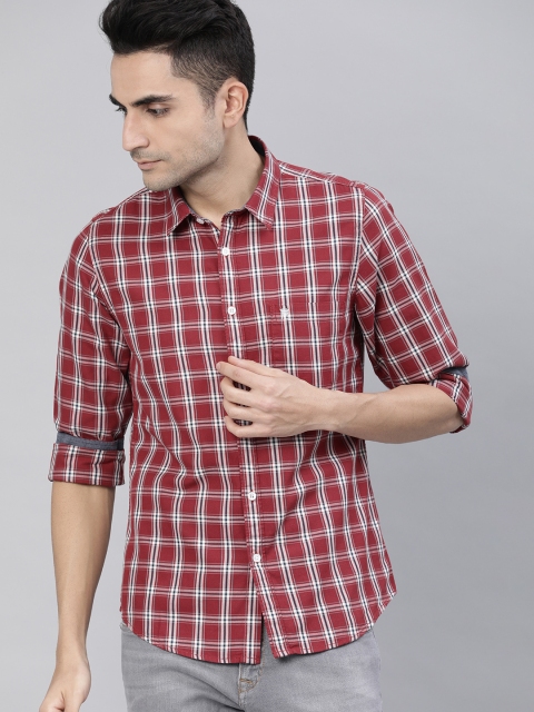 

French Connection Men Rust Red & White Slim Fit Checked Casual Shirt