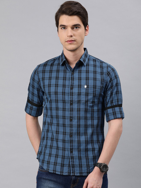 

French Connection Men Blue & Black Slim Fit Checked Casual Shirt