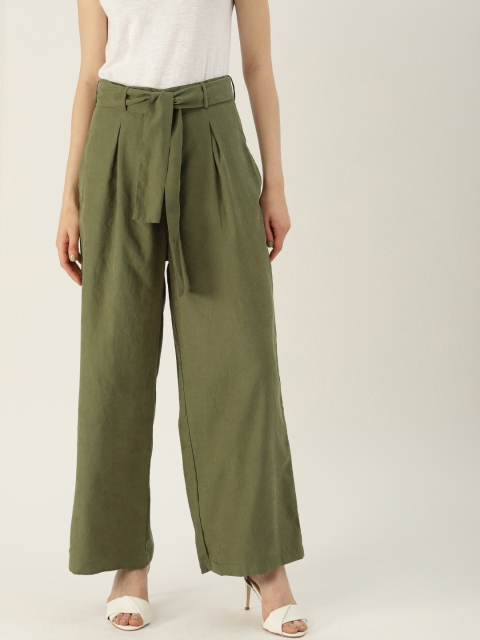 

NUSH Women Olive Green Flared Solid Parallel Trousers