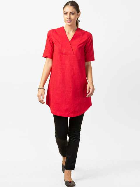 

Fabindia Women Red & Golden Self Striped Tunic