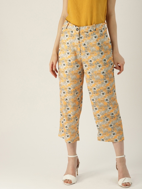 

NUSH Women Mustard & White Straight Fit Printed Parallel Trousers