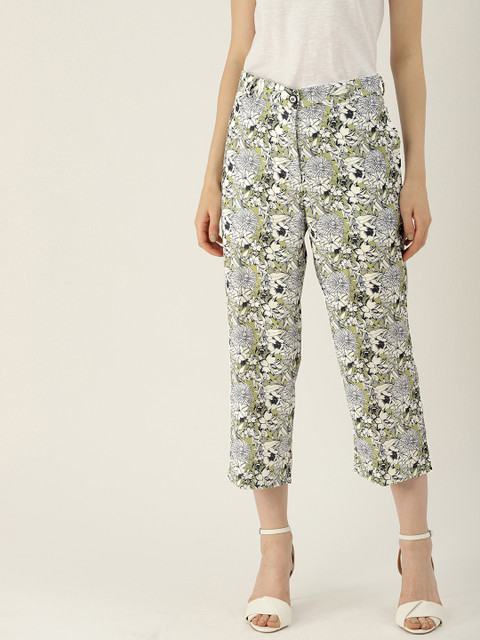 

NUSH Women Olive Green & Off-White Straight Fit Printed Parallel Trousers