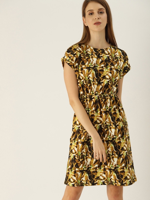 

NUSH Women Printed Mustard Yellow & Black Fit and Flare Dress