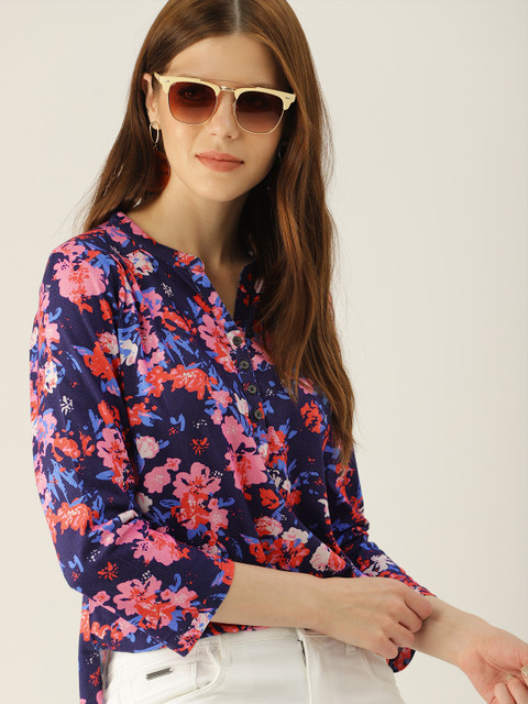 

NUSH Women Navy Blue & Red Printed Pure Cotton Top