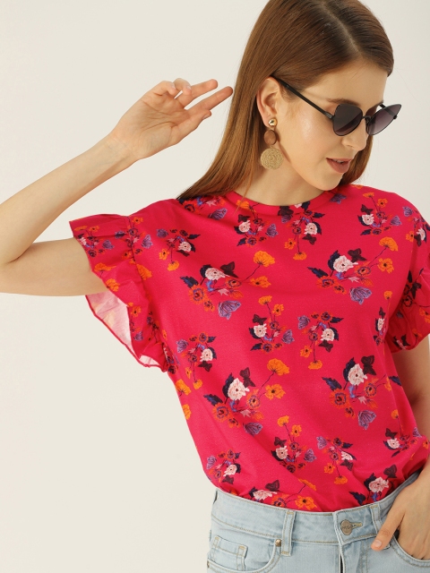 

NUSH Women Pink & Orange Printed Pure Cotton Top