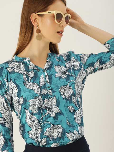

NUSH Women Teal Blue & White Printed Pure Cotton Top