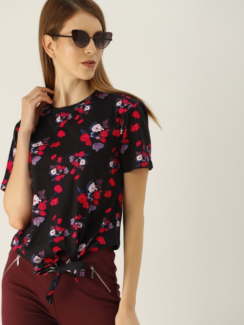 

NUSH Women Black & Red Floral Printed Cinched Waist Pure Cotton Top