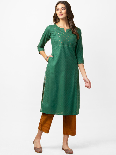 

Fabindia Women Green Dobby Weave Yoke Design Straight Kurta