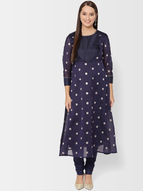 

Fabindia Women Navy Blue & Golden Woven Design Slim Fit Empire A-Line Kurta