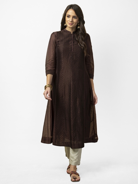 

Fabindia Women Coffee Brown Slim Fit Embroidered A-Line Kurta