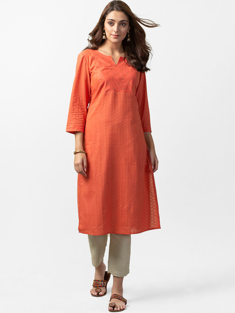 

Fabindia Women Orange Dobby Weave Yoke Design Straight Kurta