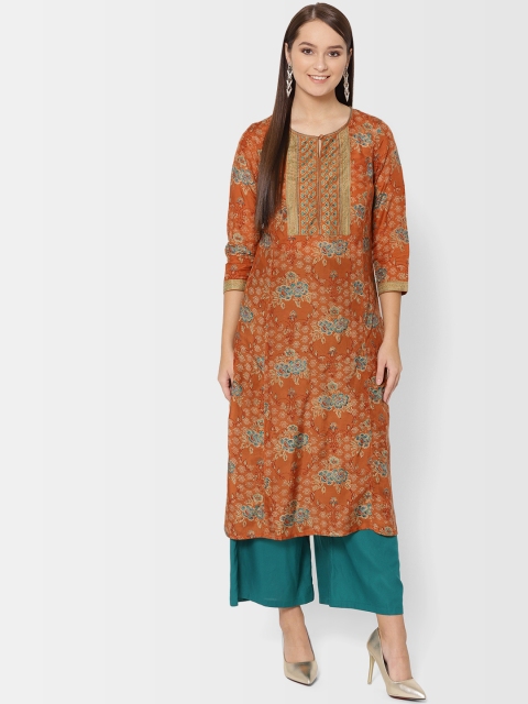 

Fabindia Women Rust Orange & Blue Slim Fit Floral Print Straight Kurta