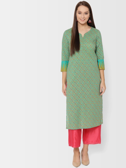 

Fabindia Women Green & Yellow Checked Straight Kurta