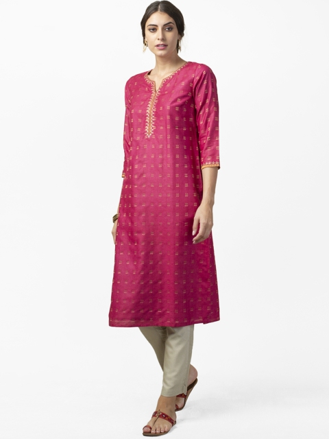 

Fabindia Women Pink & Golden Woven Design Straight Kurta