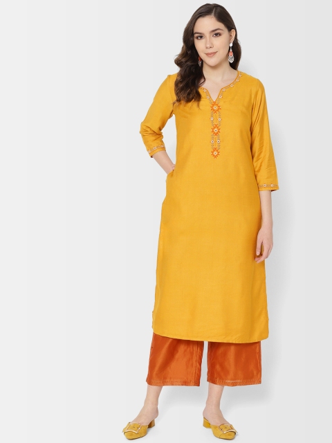 

Fabindia Women Mustard Yellow Solid Straight Kurta