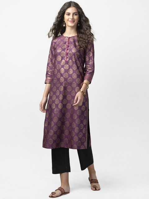 

Fabindia Women Purple & Golden Hand Block Printed Straight Kurta