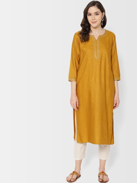 

Fabindia Women Mustard Yellow Printed Straight Kurta