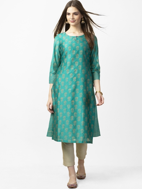 

Fabindia Women Green & Golden Hand Block Print Layered A-Line Kurta