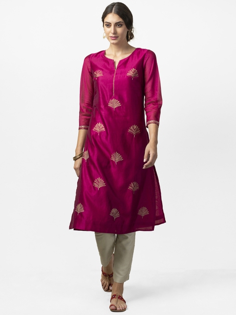 

Fabindia Women Magenta & Golden Embroidered Straight Kurta