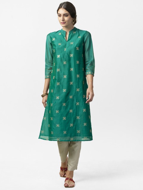 

Fabindia Women Green & Golden Embroidered Straight Kurta