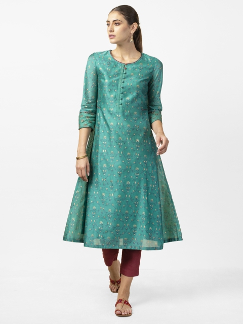 

Fabindia Women Green & Golden Handblock Print A-Line Kurta