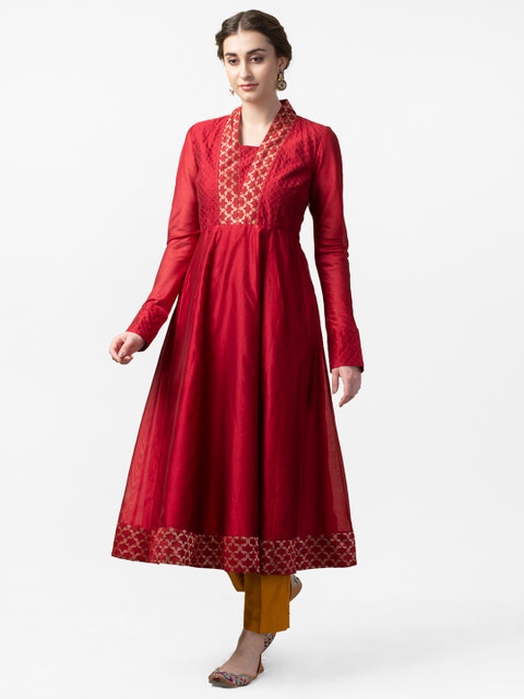 

Fabindia Women Maroon Yoke Design Anarkali Kurta