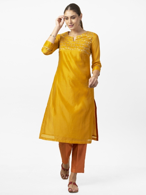 

Fabindia Women Mustard Yellow Yoke Design Straight Kurta