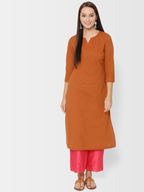 

Fabindia Women Rust Orange Slim Fit Woven Design Straight Kurta