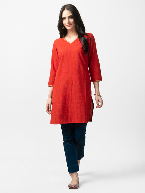 

Fabindia Women Rust Orange Dobby Design Straight Kurta