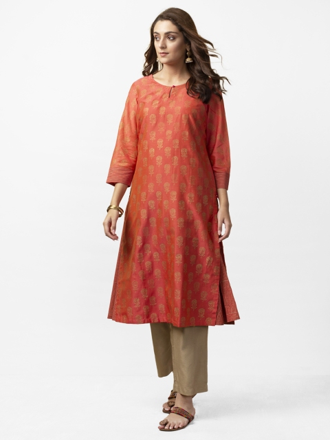 

Fabindia Women Orange & Golden Hand Block Print Layered A-Line Kurta