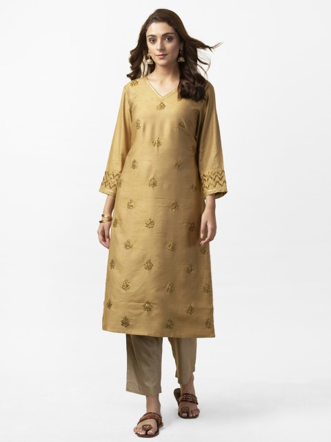

Fabindia Women Beige & Golden Hand Embroidered Straight Kurta