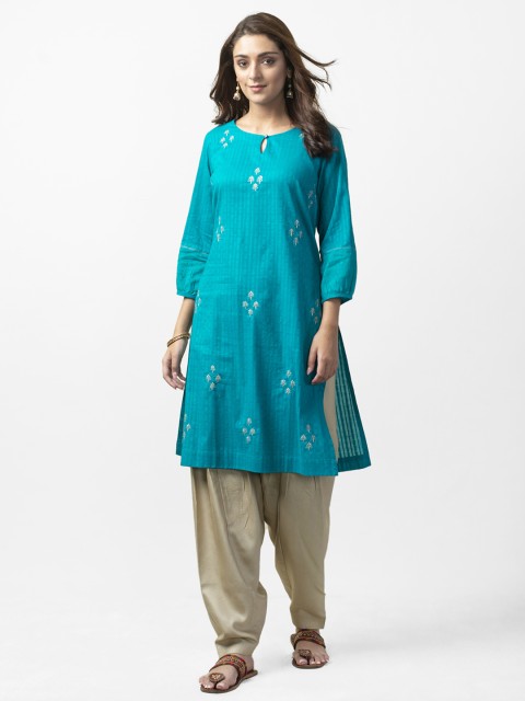 

Fabindia Women Blue & Golden Embroidered Straight Kurta